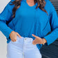Blue Ribbed Exposed Seam Knit V Neck Long Sleeve Top