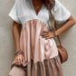 Light French Beige Triple Colors V Neck Folded Cuffs Tiered Loose Dress
