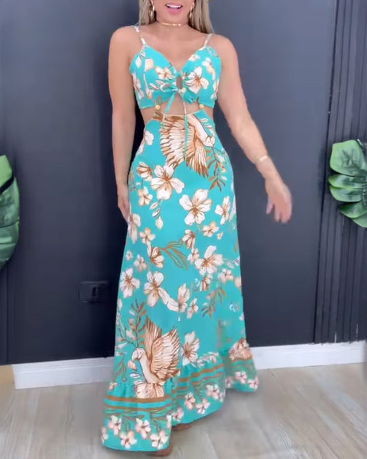 Floral Print Spaghetti Strap V Neck Maxi Dress Casual Backless Tied Detail Dress