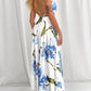 Floral Print Halter Sleeveless Waist Hollow Out Maxi Dress Sexy Backless A Line Dress