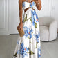 Floral Print Halter Sleeveless Waist Hollow Out Maxi Dress Sexy Backless A Line Dress