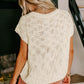 Beige Notched V Neck Short Sleeve Sweater