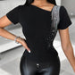 Rhinestone Decor Asymmetrical Neck T Shirt