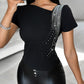 Rhinestone Decor Asymmetrical Neck T Shirt