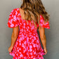 Red Floral Bubble Sleeve Sweetheart Neck Ruffled Mini Dress