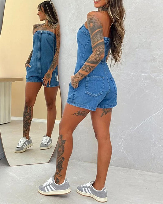 Bandeau Sleeveless Button Design Jean Romper Casual Slim Fit Jumpsuit