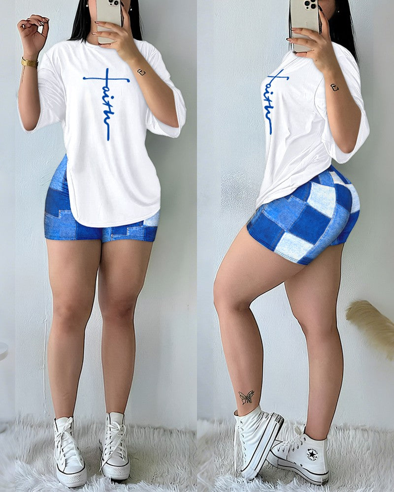 2 Pieces Outfit Faith Print Round Neck Short Sleeve Top and Denim Look Print Shorts Set