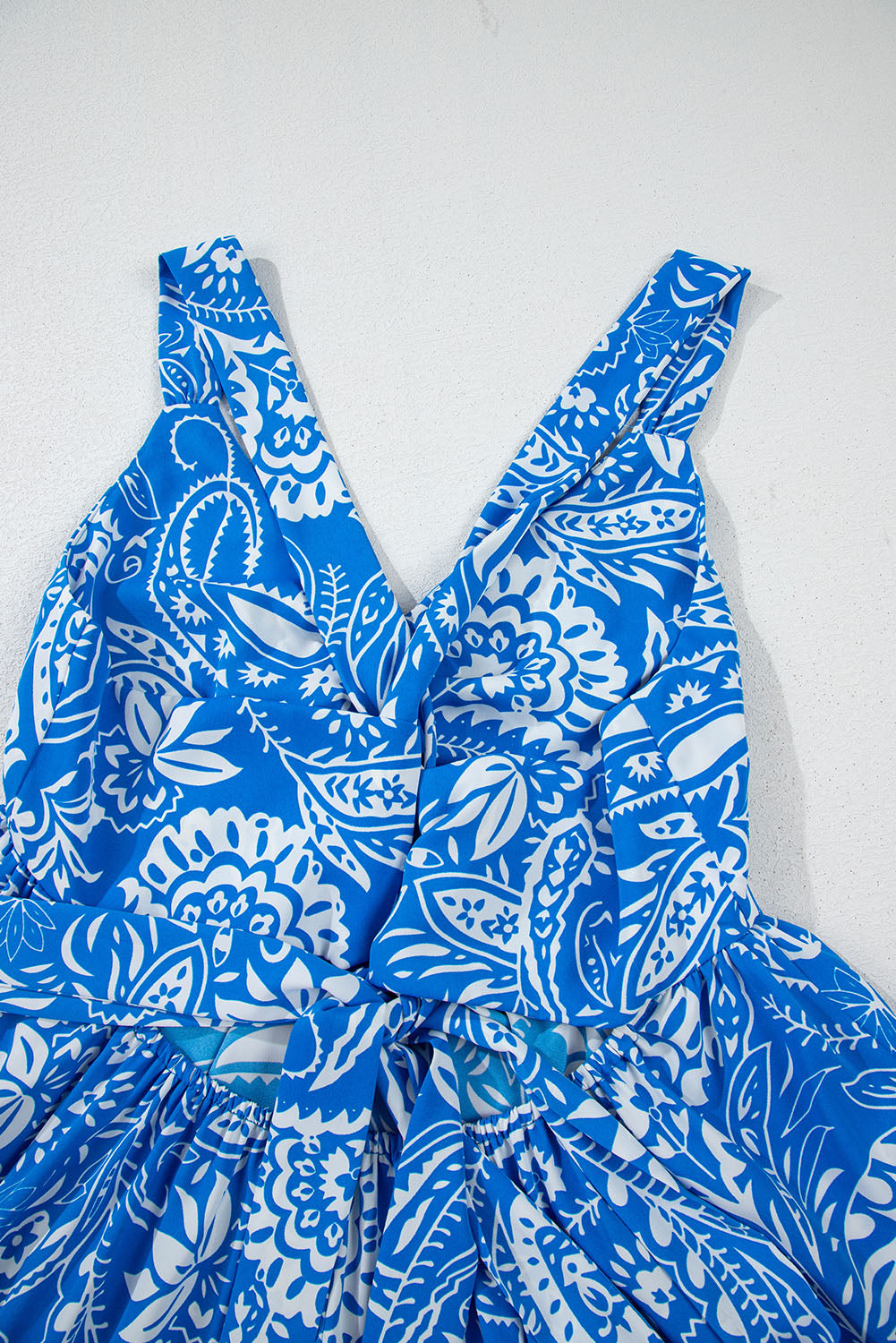 Blue Paisley V Neck Crisscross Backless Maxi Dress