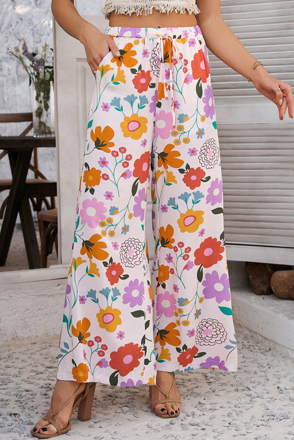 Pink Boho Print Wide Leg High Waist Casual Pants