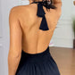 Halter Sleeveless Backless Maxi Dress Casual Shirred Back Side Slit Vacation Dress
