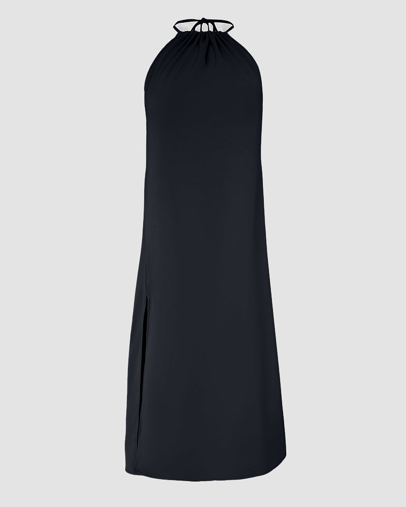 Halter Sleeveless Backless Maxi Dress Casual Shirred Back Side Slit Vacation Dress