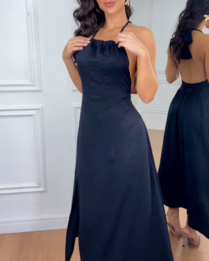 Halter Sleeveless Backless Maxi Dress Casual Shirred Back Side Slit Vacation Dress
