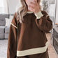 Coffee Color Contrast Loose Pullover and Lace-up Waist Skort Set