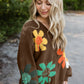 Coffee Big Flower Pattern V Neck Drop Shoulder Sweater