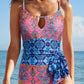 Blue Geometric Print Hollow Out Knotted Waist One Piece Swimsuit