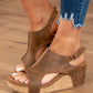 Brown Vintage Leather Stitching Studded Wedge Sandals