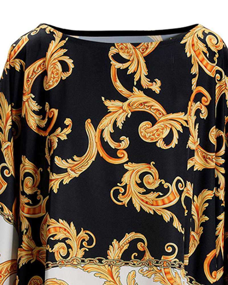 Colorblock Baroque Print Batwing Sleeve Top