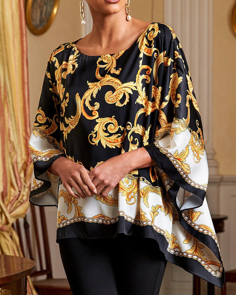 Colorblock Baroque Print Batwing Sleeve Top