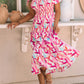 Pink Brush Stroke Printed Smocked Ruffle Tiered Dress