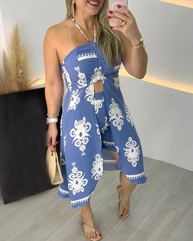 2 Pieces Outfit Floral Print Halter Sleeveless Long Slit Top and Casual Shorts Set