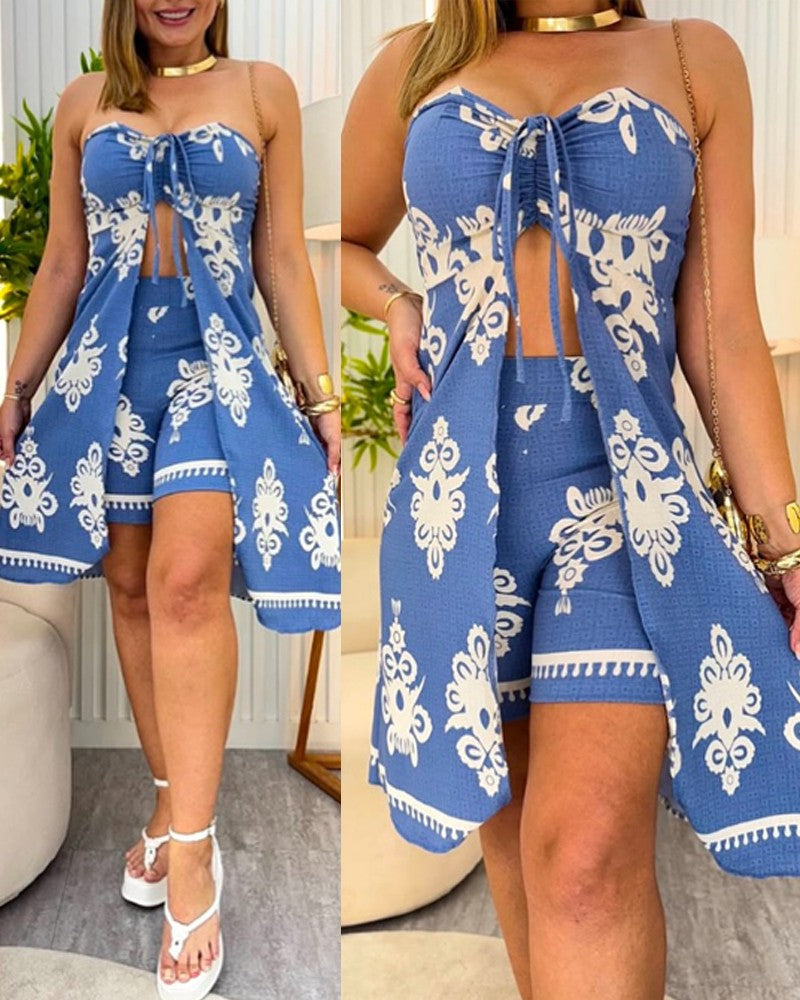 2 Pieces Outfit Floral Print Halter Sleeveless Long Slit Top and Casual Shorts Set