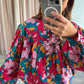 Red Floral Printed Balloon Sleeve Half Buttons Blouse