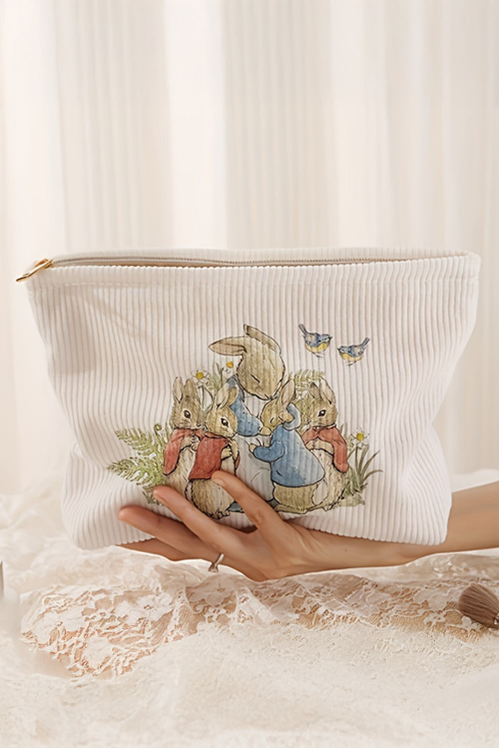White Easter Rabbits Print Textured Zipper Cosmetic Bag