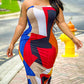 Colorblock Geometric Print Bandeau Slit Maxi Dress