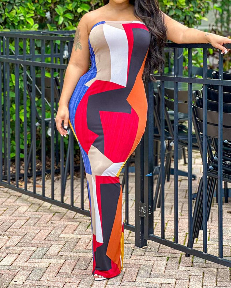 Colorblock Geometric Print Bandeau Slit Maxi Dress