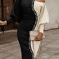 Colorblock Geo Trim Cold Shoulder Lantern Sleeve Midi Dress