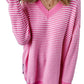 Pink Striped Scallop V Neck Loose Sweater with Slits