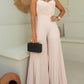Pleated V Neck Spaghetti Strap Waist Jumpsuit Casual Wide Leg Flared Romper