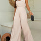 Pleated V Neck Spaghetti Strap Waist Jumpsuit Casual Wide Leg Flared Romper