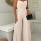 Pleated V Neck Spaghetti Strap Waist Jumpsuit Casual Wide Leg Flared Romper