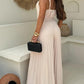 Pleated V Neck Spaghetti Strap Waist Jumpsuit Casual Wide Leg Flared Romper