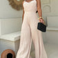Pleated V Neck Spaghetti Strap Waist Jumpsuit Casual Wide Leg Flared Romper