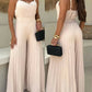 Pleated V Neck Spaghetti Strap Waist Jumpsuit Casual Wide Leg Flared Romper