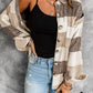 Khaki Plaid Color Block Buttoned Long Sleeve Jacket with Pocket