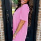 Bright Pink Corded Knit Crew Neck Puff Sleeve Shift Mini Dress