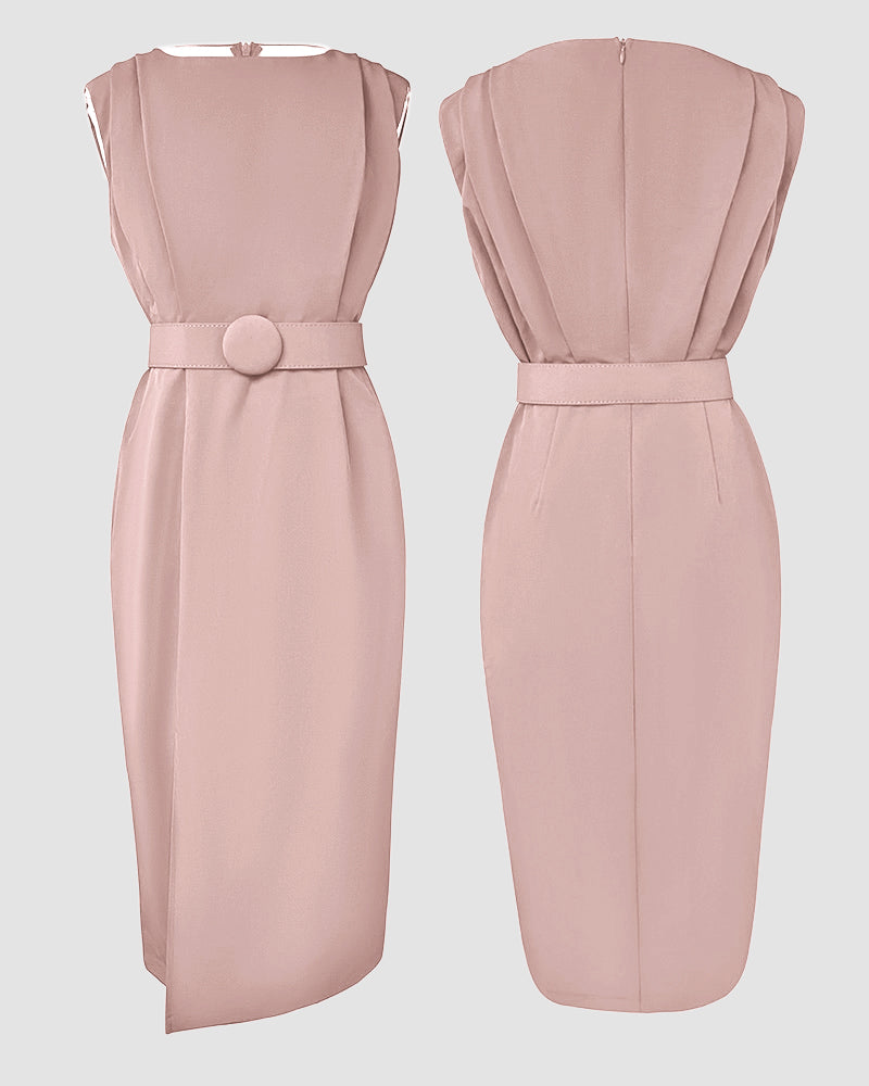 Round Neck Sleeveless Waist Ruched Slit Dress