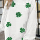 White Sequin Clover Patched Drop Shoulder Corded Sweatshirt