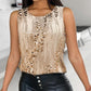 Leopard Print Contrast Sequin Round Neck Top Sleeveless Slim Fit Blouse