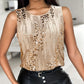 Leopard Print Contrast Sequin Round Neck Top Sleeveless Slim Fit Blouse