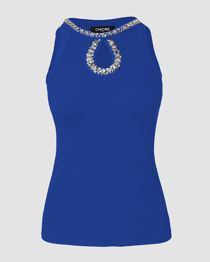 Rhinestone Contrast Sequin Keyhole Neck Sleeveless Slim Fit Elasticity Ribbed Top Elegant Tank