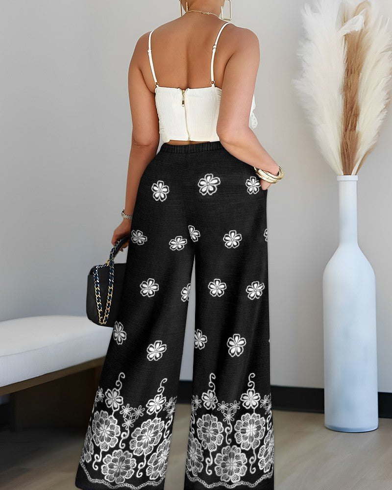 2 Pieces Outfit Embroidered Bow Strap Top with Zipper Back and Tribal Print Wide Leg Pants Set
