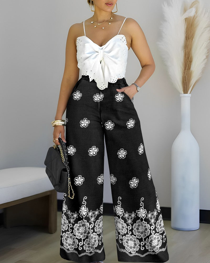2 Pieces Outfit Embroidered Bow Strap Top with Zipper Back and Tribal Print Wide Leg Pants Set