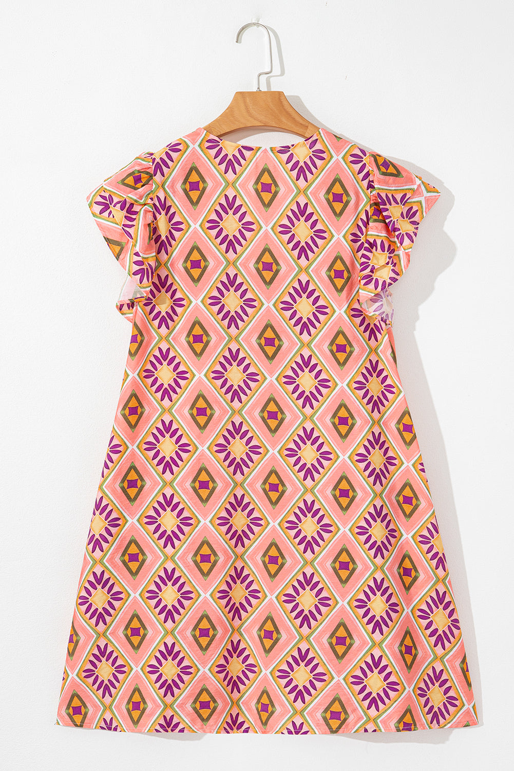 Orange Geometric Floral V Neck Buttoned Ruffled Sleeve Mini Dress