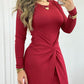Long Sleeve Waist Twist Bodycon Slit Dress Casual Slim Fit Midi Dress