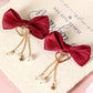 Racing Red Bow Knot Heart Pearl Tasseled Hair Clips
