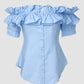 Off Shoulder Layered Ruffles Button down Asymmetrical Hem Top